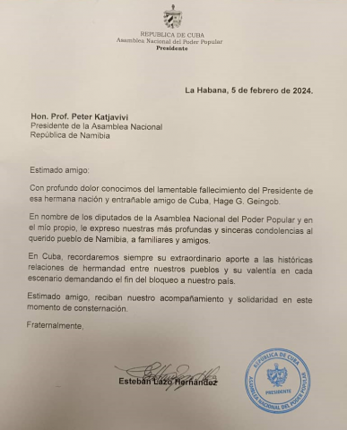 Esteban Lazo traslada condolencias ante el fallecimiento del Presidente de Namibia 